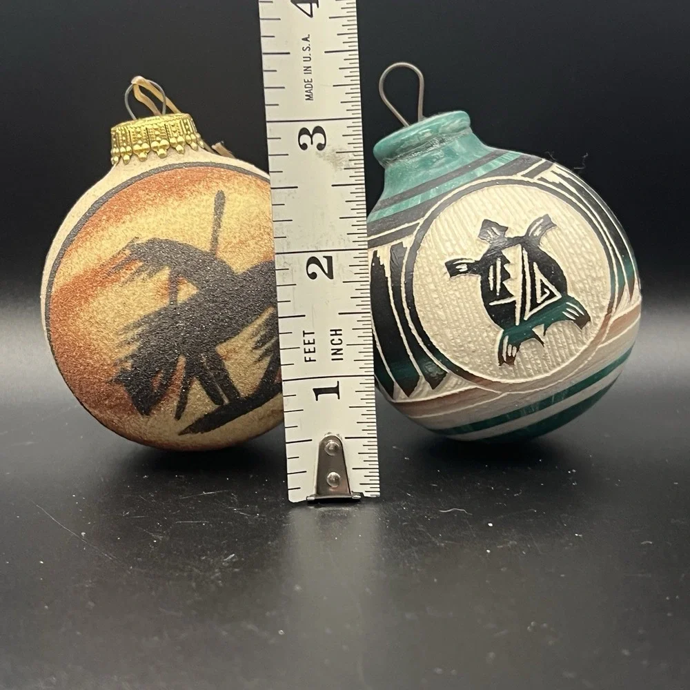 Native American Ornaments 1 Glass Textured 1 Etched Turtle Wood Signed Set‎ of 2